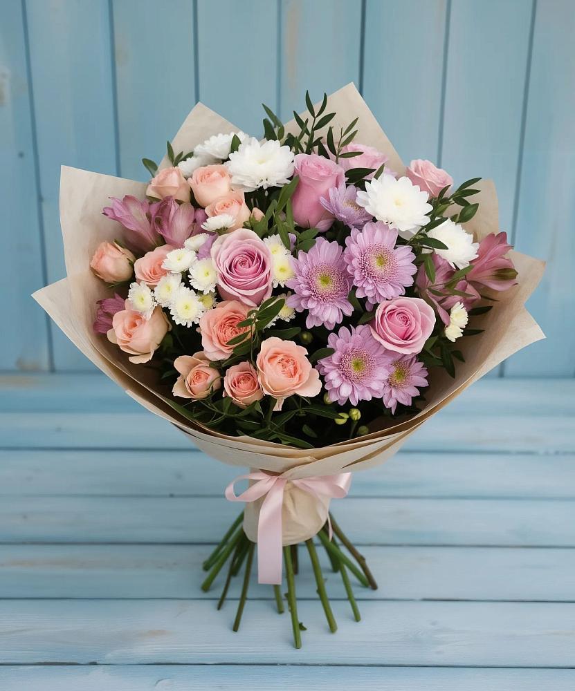 Букет цветов из: Хризантемы, Розы и Альстромерии в Рудногорске