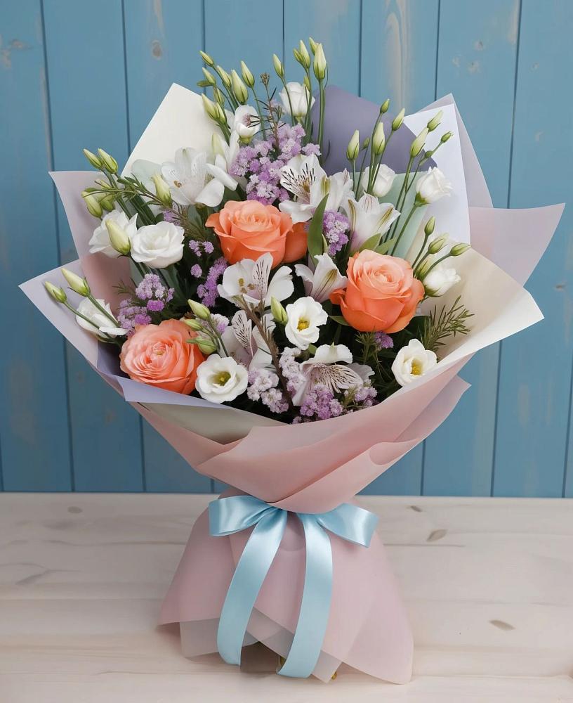 Букет цветов из: Лизиантусы, Розы, Альстромерии и Гипсофила в Рудногорске