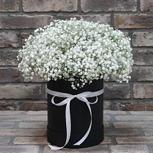 Цветочная композиция из Гипсофила в шляпной коробке в Рудногорске