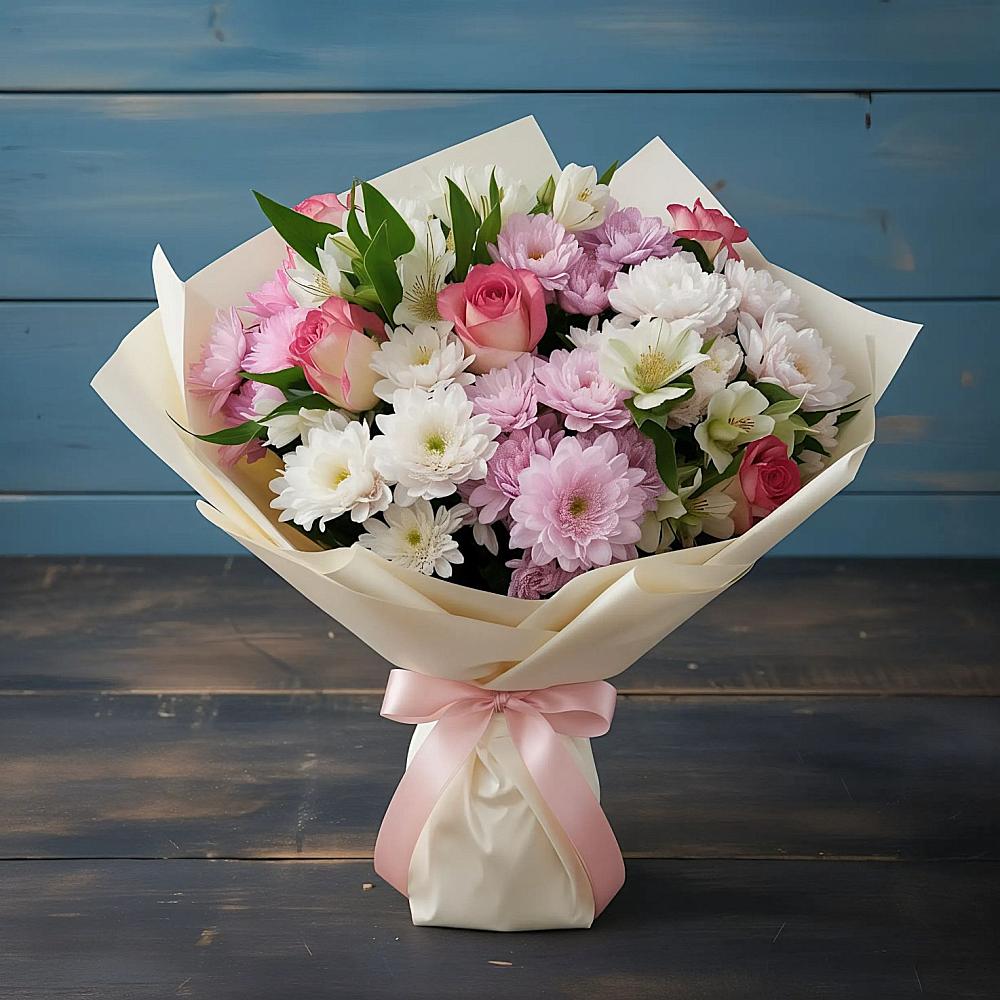 Букет цветов из: Хризантемы, Альстромерии и Розы в Рудногорске